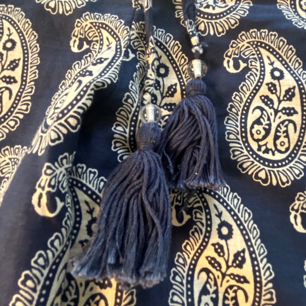 Devi Designs Paisley Wide Leg Pant Navy Cotton Tassel Pockets Casual Boho Soft - Picture 3 of 9